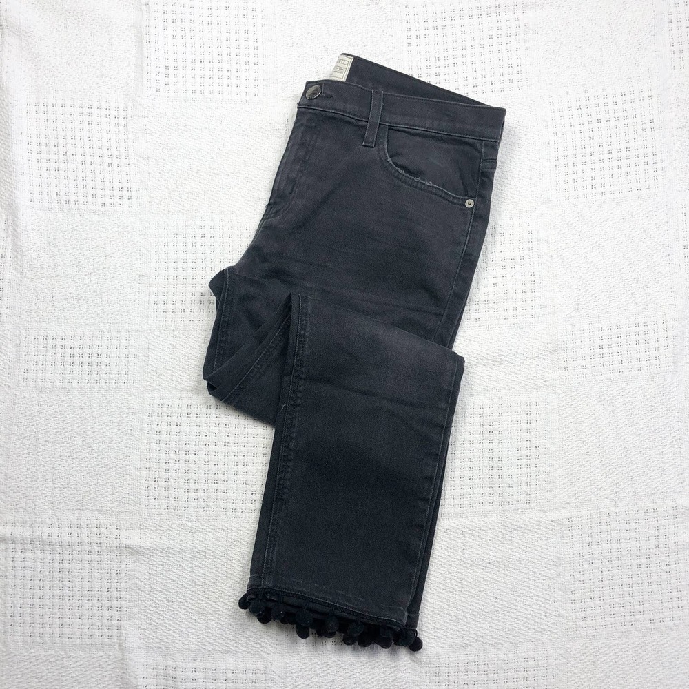 CURRENT ELLIOT | Women's Size 30 Black Cropped Straight Pompom Jeans Flipped Hem